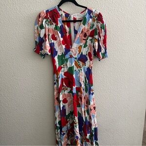 NWT Faithfull the Brand Red Pink Floral Puff Sleeve Midi dress size 4 small